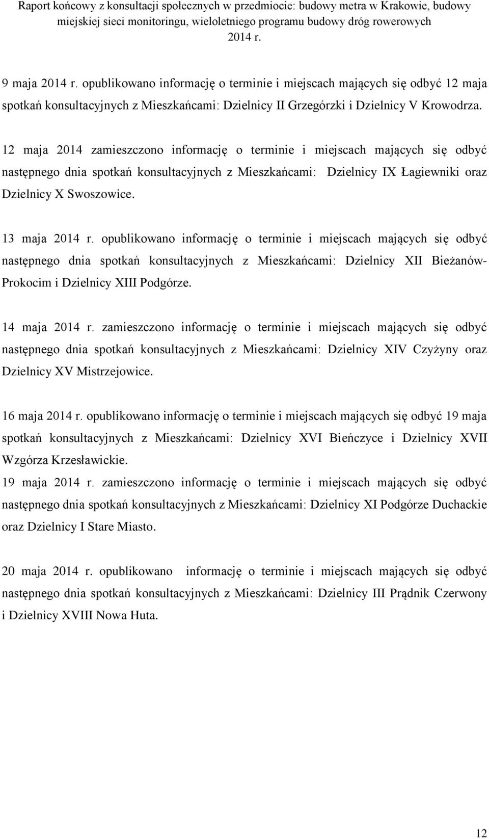 12 maja 2014 zamieszczono informację o terminie i miejscach mających się odbyć następnego dnia spotkań konsultacyjnych z Mieszkańcami: Dzielnicy IX Łagiewniki oraz Dzielnicy X Swoszowice.