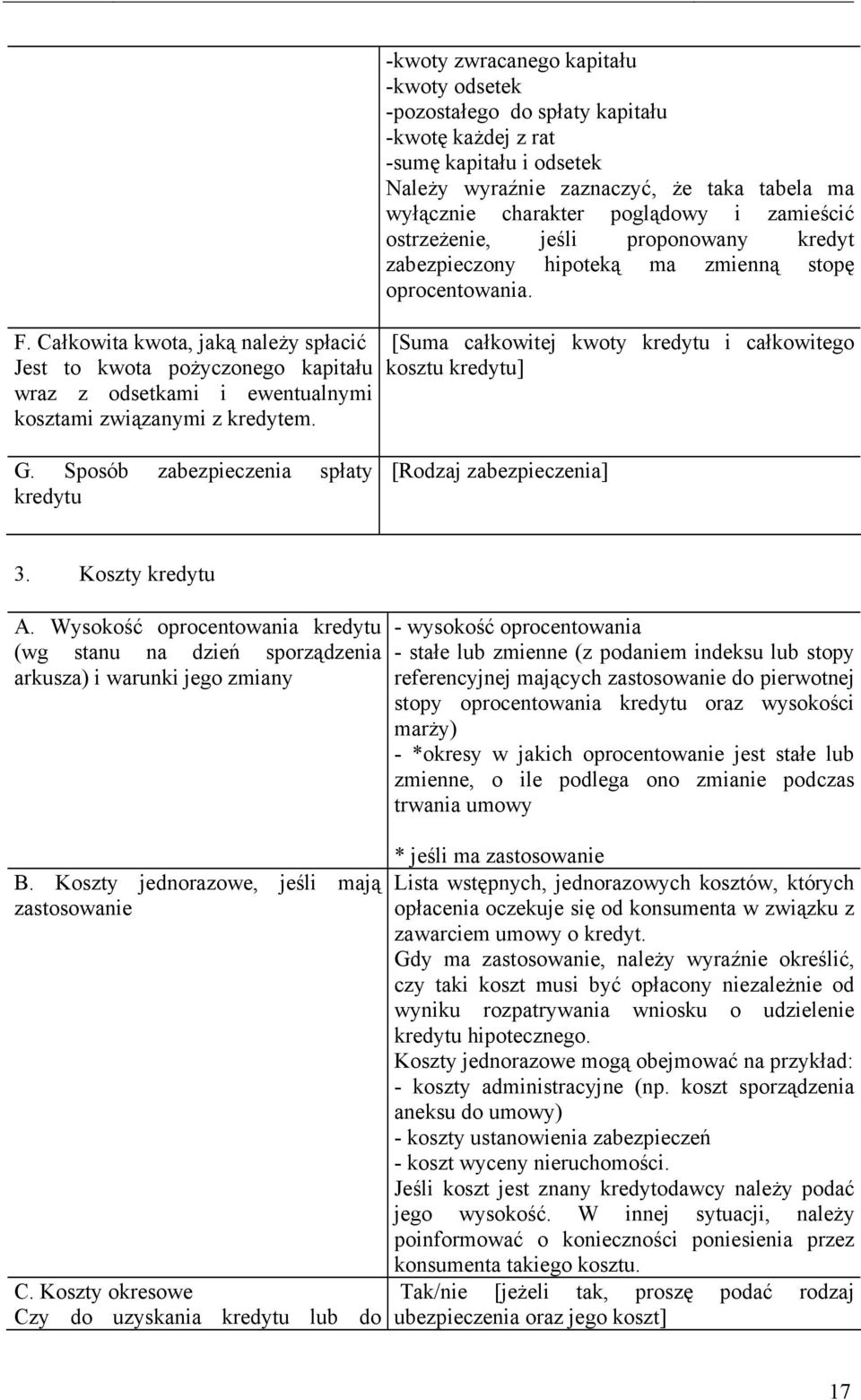zamieścić ostrzeŝenie, jeśli proponowany kredyt zabezpieczony hipoteką ma zmienną stopę oprocentowania. [Suma całkowitej kwoty kredytu i całkowitego kosztu kredytu] G.