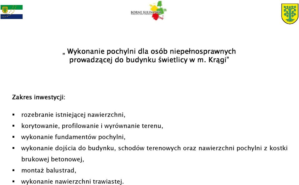 wyrównanie terenu, wykonanie fundamentów pochylni, wykonanie dojścia do budynku, schodów