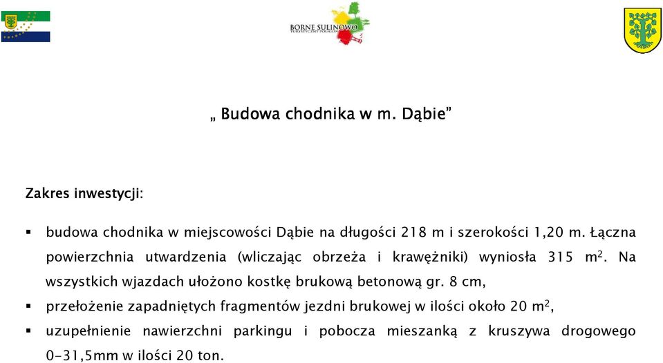 Łączna powierzchnia utwardzenia (wliczając obrzeŝa i krawęŝniki) wyniosła 315 m 2.