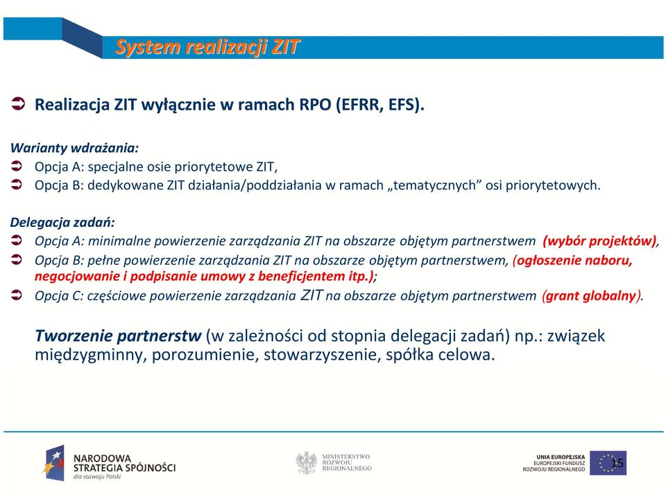 Delegacja zadań: Opcja A: minimalne powierzenie zarządzania ZIT na obszarze objętym partnerstwem (wybór projektów), Opcja B: pełne powierzenie zarządzania ZIT na obszarze objętym