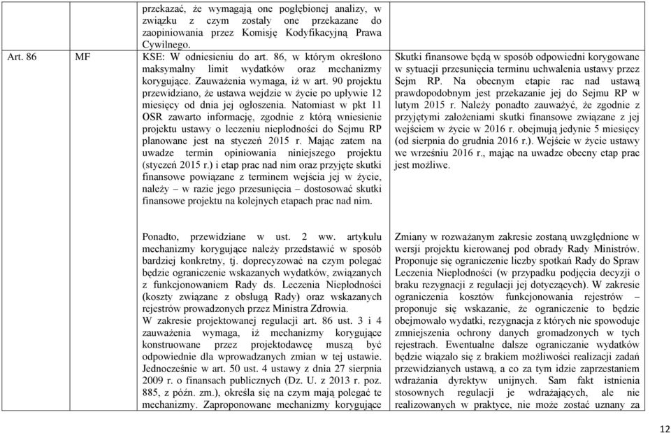 90 projektu przewidziano, że ustawa wejdzie w życie po upływie 12 miesięcy od dnia jej ogłoszenia.