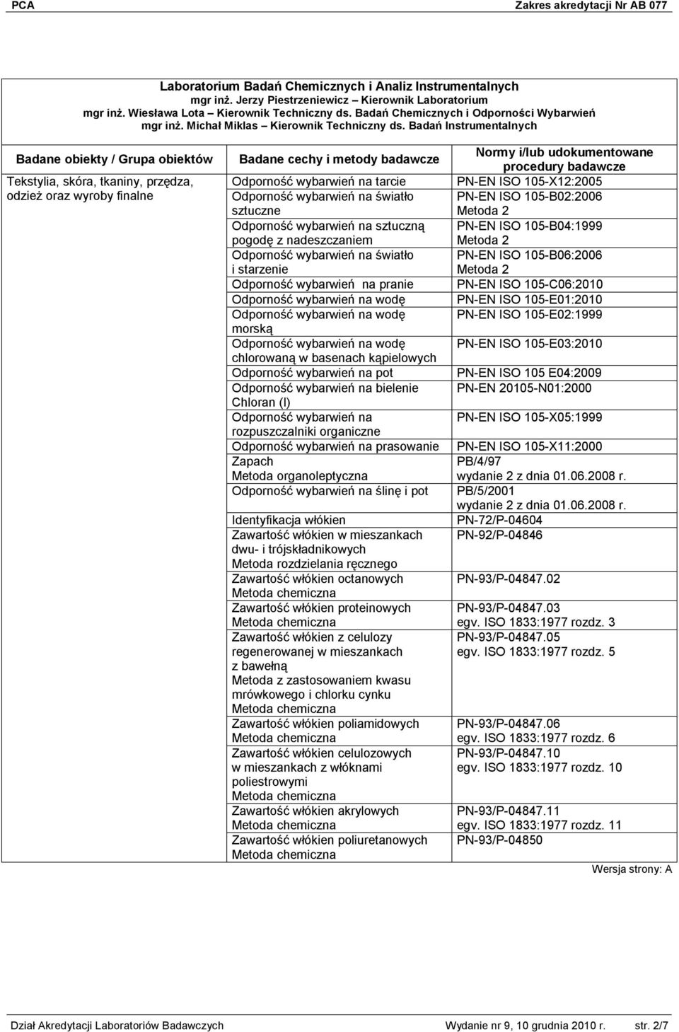 Badań Instrumentalnych Odporność wybarwień na tarcie PN-EN ISO 105-X12:2005 Odporność wybarwień na światło PN-EN ISO 105-B02:2006 sztuczne Metoda 2 Odporność wybarwień na sztuczną PN-EN ISO