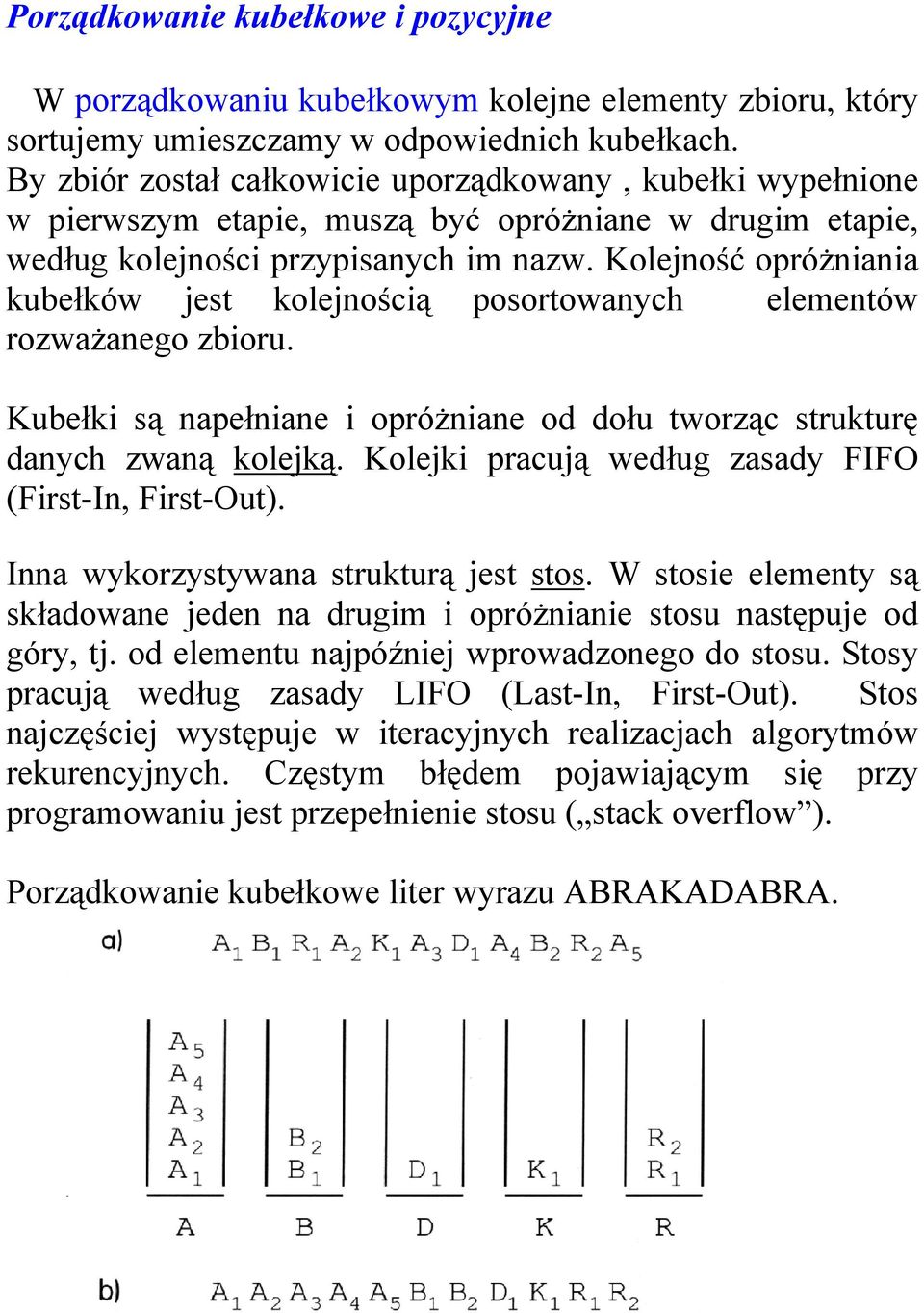 Kolejność opróżniania kubełków jest kolejnością posortowanych elementów rozważanego zbioru. Kubełki są napełniane i opróżniane od dołu tworząc strukturę danych zwaną kolejką.