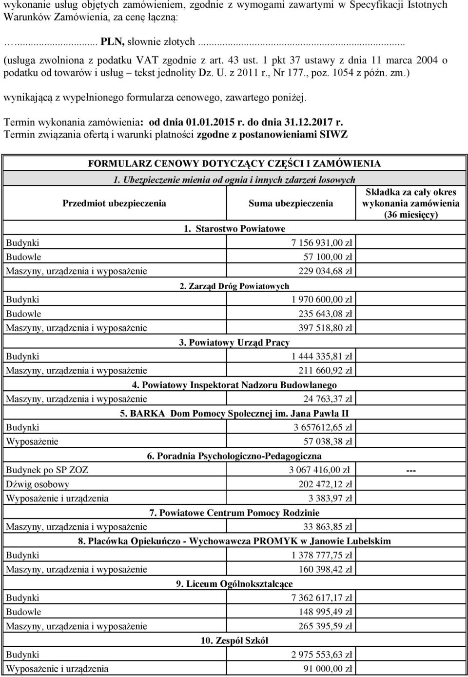 ) wynikającą z wypełnionego formularza cenowego, zawartego poniżej. Termin wykonania zamówienia: od dnia 01.01.2015 r. do dnia 31.12.2017 r.