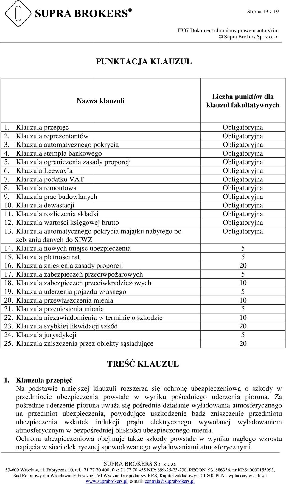 Klauzula rozliczenia składki 12. Klauzula wartości księgowej brutto 13. Klauzula automatycznego pokrycia majątku nabytego po zebraniu danych do SIWZ 14. Klauzula nowych miejsc ubezpieczenia 15.