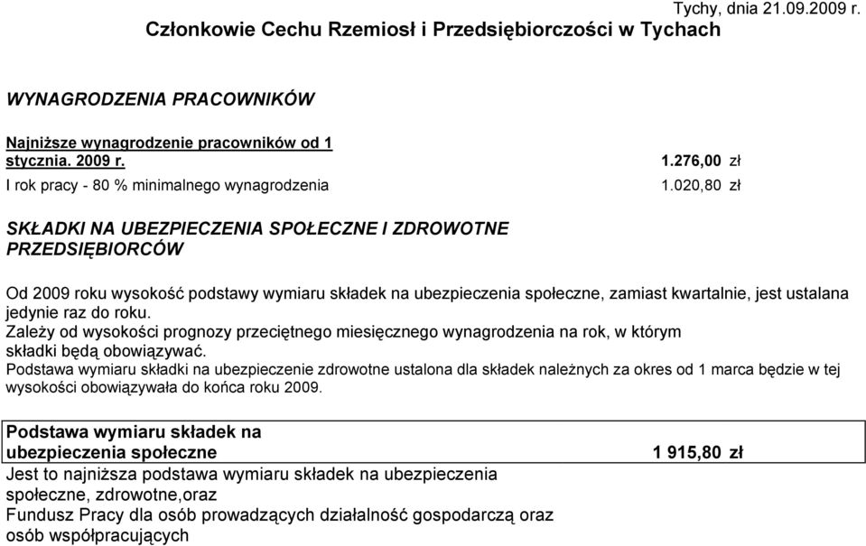 020,80 zł SKŁADKI NA UBEZPIECZENIA SPOŁECZNE I ZDROWOTNE PRZEDSIĘBIORCÓW Od 2009 roku wysokość podstawy wymiaru składek na ubezpieczenia społeczne, zamiast kwartalnie, jest ustalana jedynie raz do