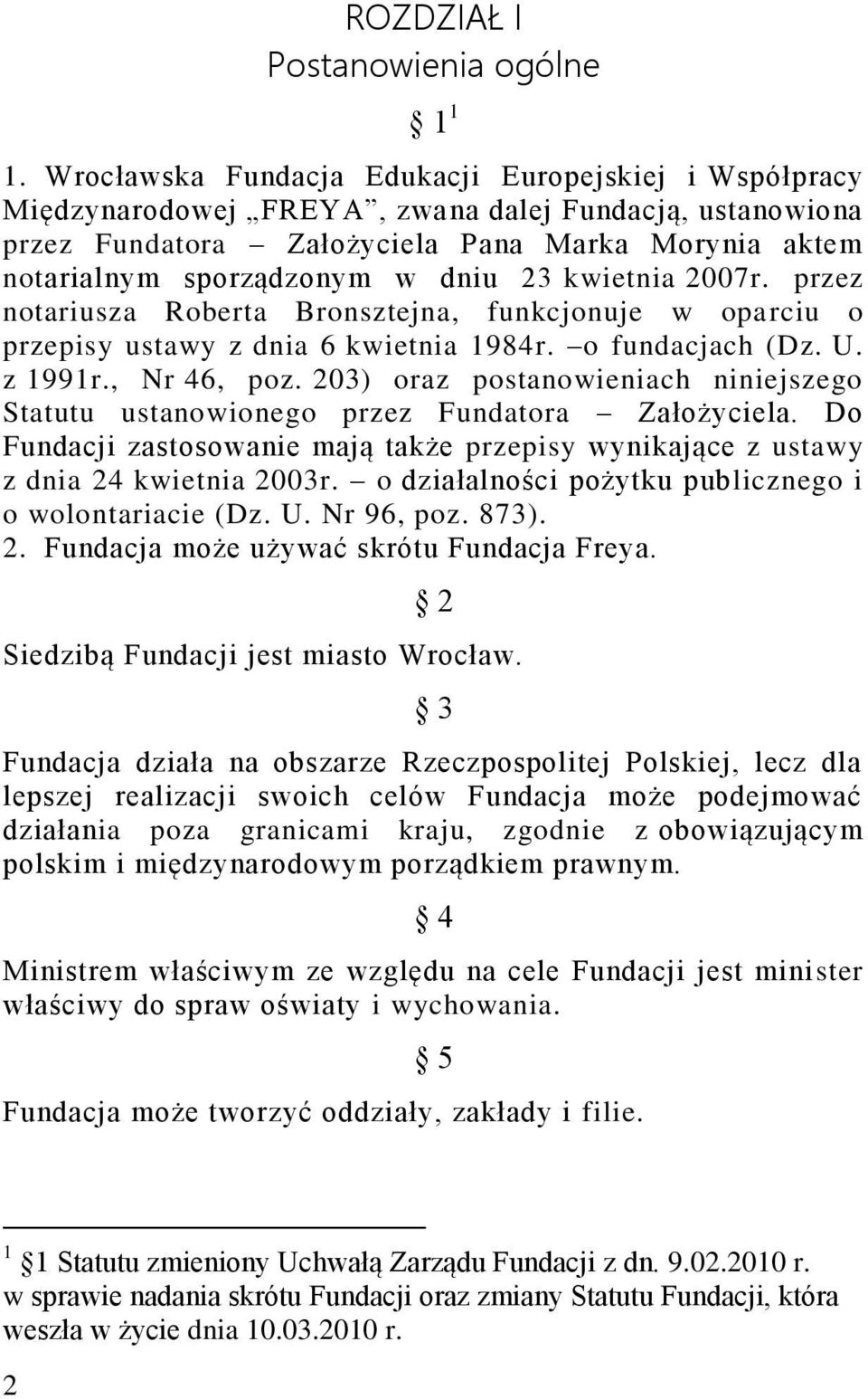 kwietnia 2007r. przez notariusza Roberta Bronsztejna, funkcjonuje w oparciu o przepisy ustawy z dnia 6 kwietnia 1984r. o fundacjach (Dz. U. z 1991r., Nr 46, poz.