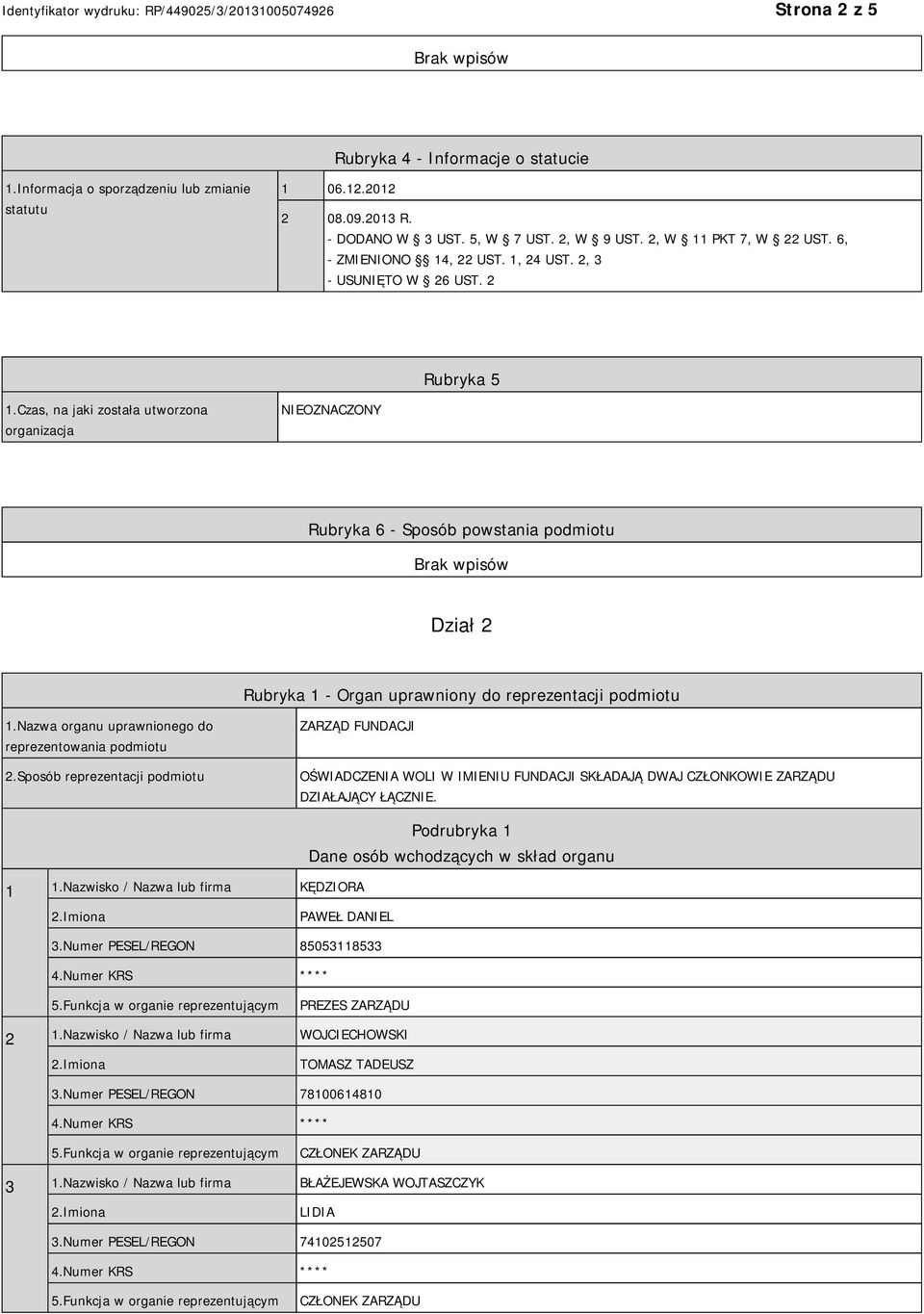 Czas, na jaki została utworzona organizacja NIEOZNACZONY Rubryka 6 - Sposób powstania podmiotu Dział 2 Rubryka 1 - Organ uprawniony do reprezentacji podmiotu 1.