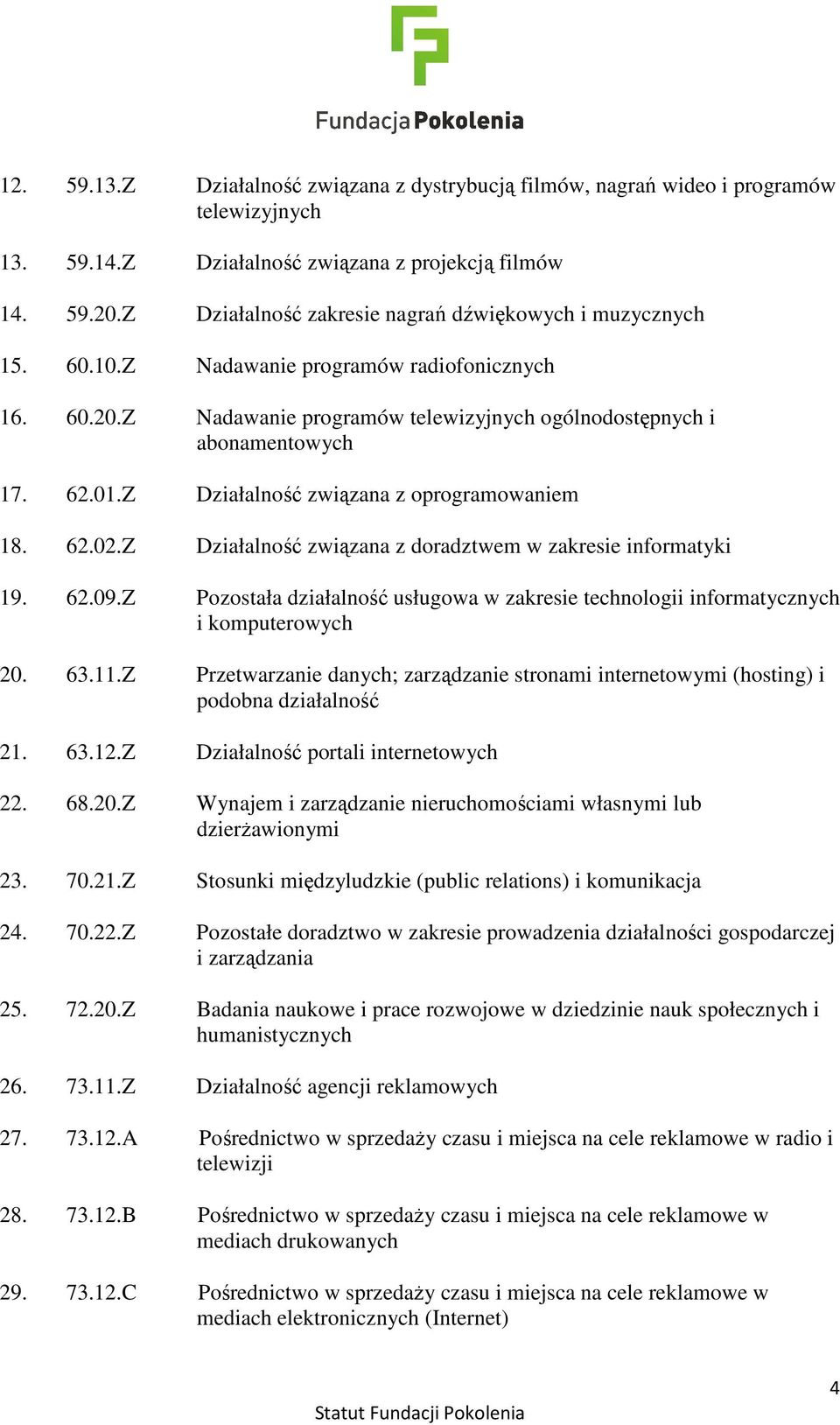 Z Działalność związana z oprogramowaniem 18. 62.02.Z Działalność związana z doradztwem w zakresie informatyki 19. 62.09.