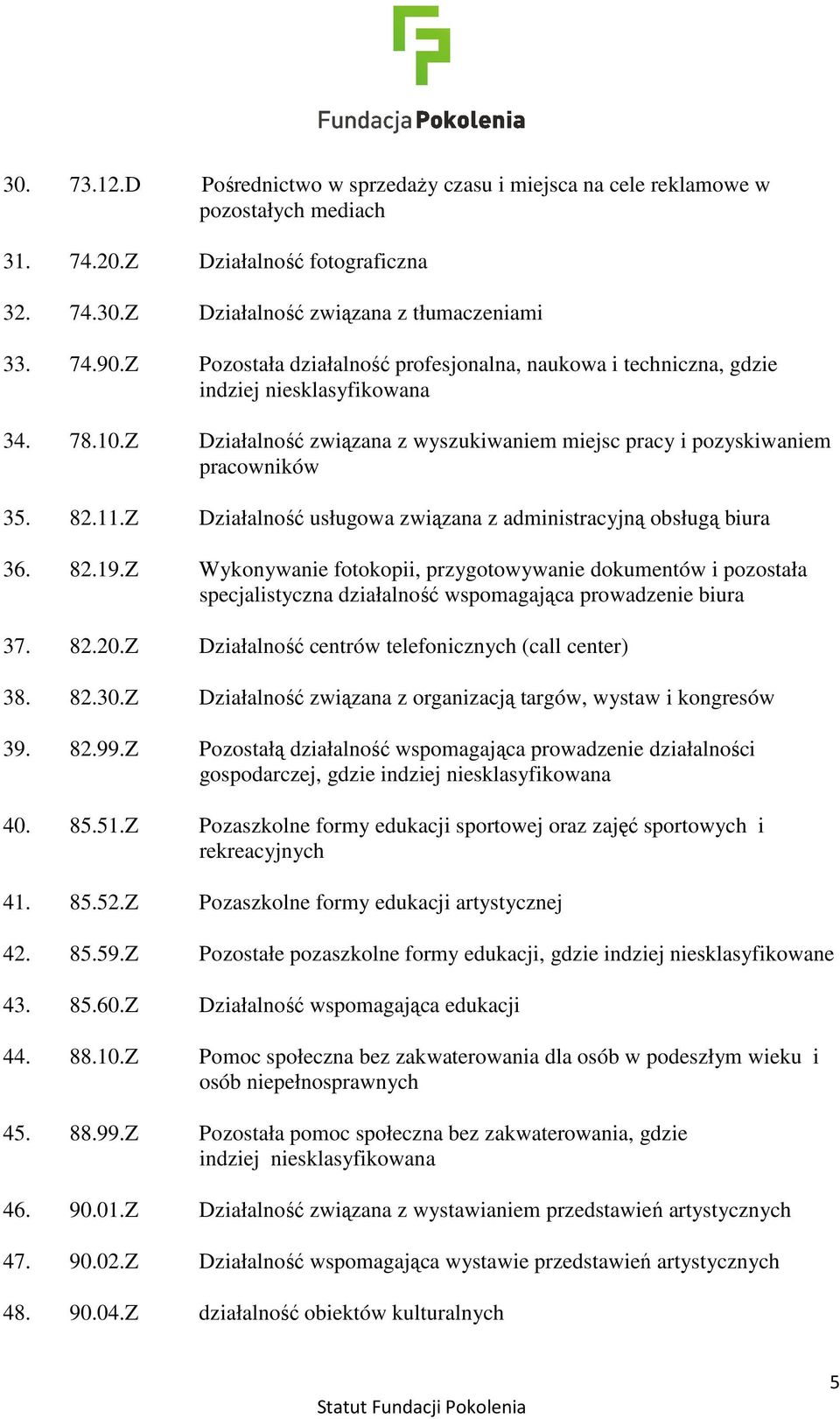 Z Działalność usługowa związana z administracyjną obsługą biura 36. 82.19.Z Wykonywanie fotokopii, przygotowywanie dokumentów i pozostała specjalistyczna działalność wspomagająca prowadzenie biura 37.