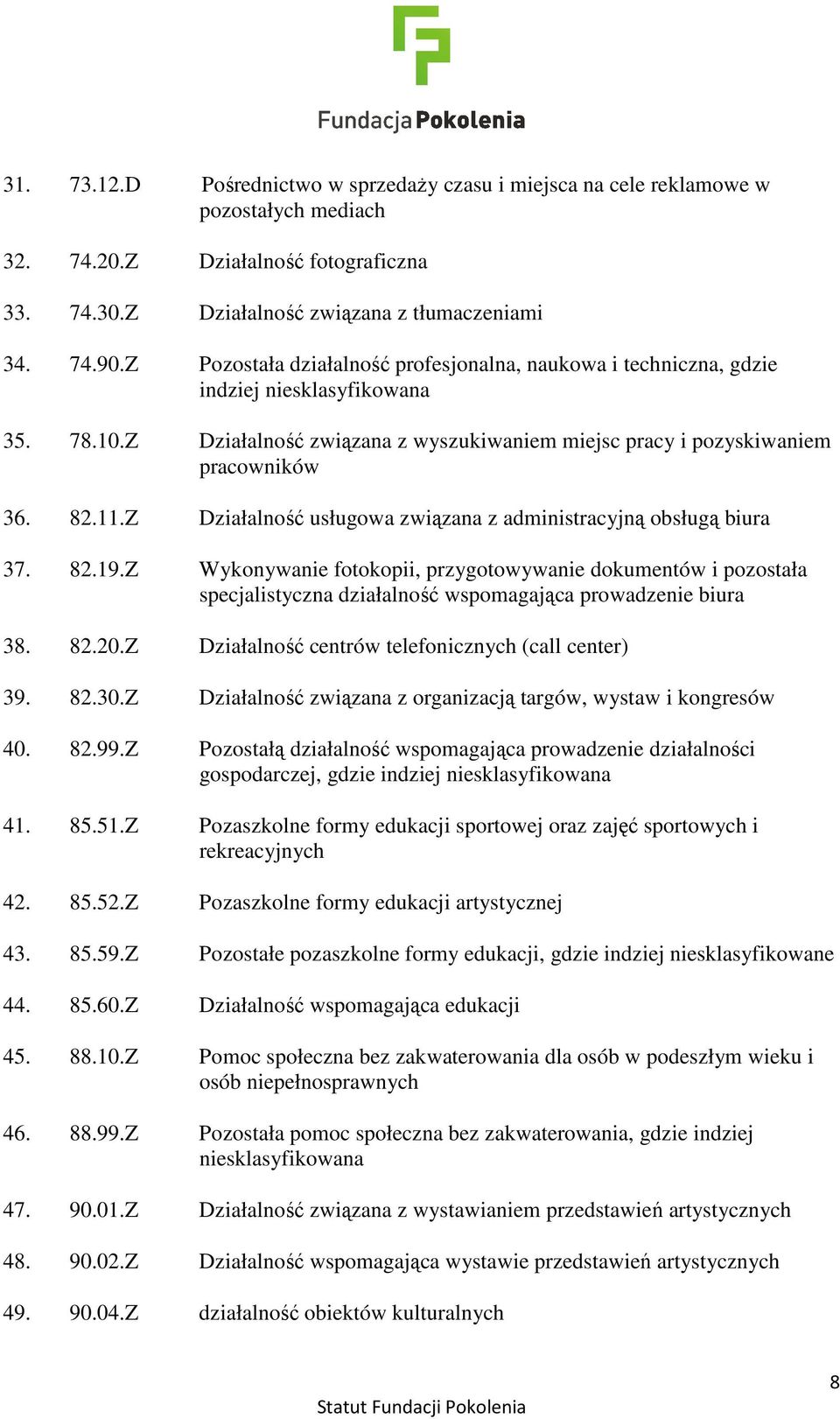 Z Działalność usługowa związana z administracyjną obsługą biura 37. 82.19.Z Wykonywanie fotokopii, przygotowywanie dokumentów i pozostała specjalistyczna działalność wspomagająca prowadzenie biura 38.