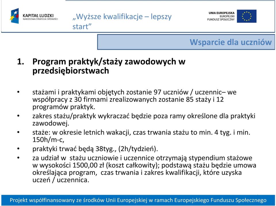 zostanie 85 staży i 12 programów praktyk. zakres stażu/praktyk wykraczaćbędzie poza ramy określone dla praktyki zawodowej.