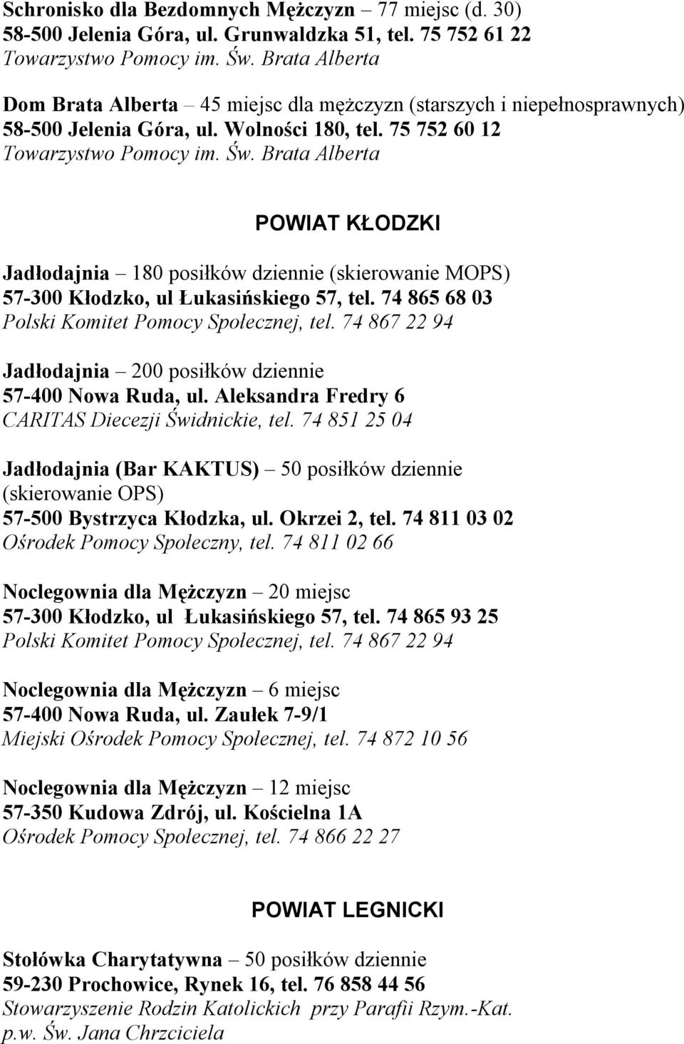 75 752 60 12 POWIAT KŁODZKI Jadłodajnia 180 posiłków dziennie (skierowanie MOPS) 57-300 Kłodzko, ul Łukasińskiego 57, tel. 74 865 68 03 Polski Komitet Pomocy Społecznej, tel.