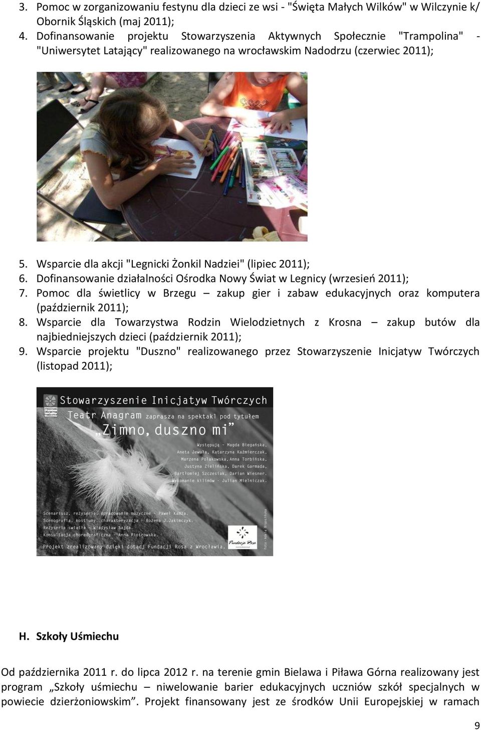 Wsparcie dla akcji "Legnicki Żonkil Nadziei" (lipiec 2011); 6. Dofinansowanie działalności Ośrodka Nowy Świat w Legnicy (wrzesień 2011); 7.