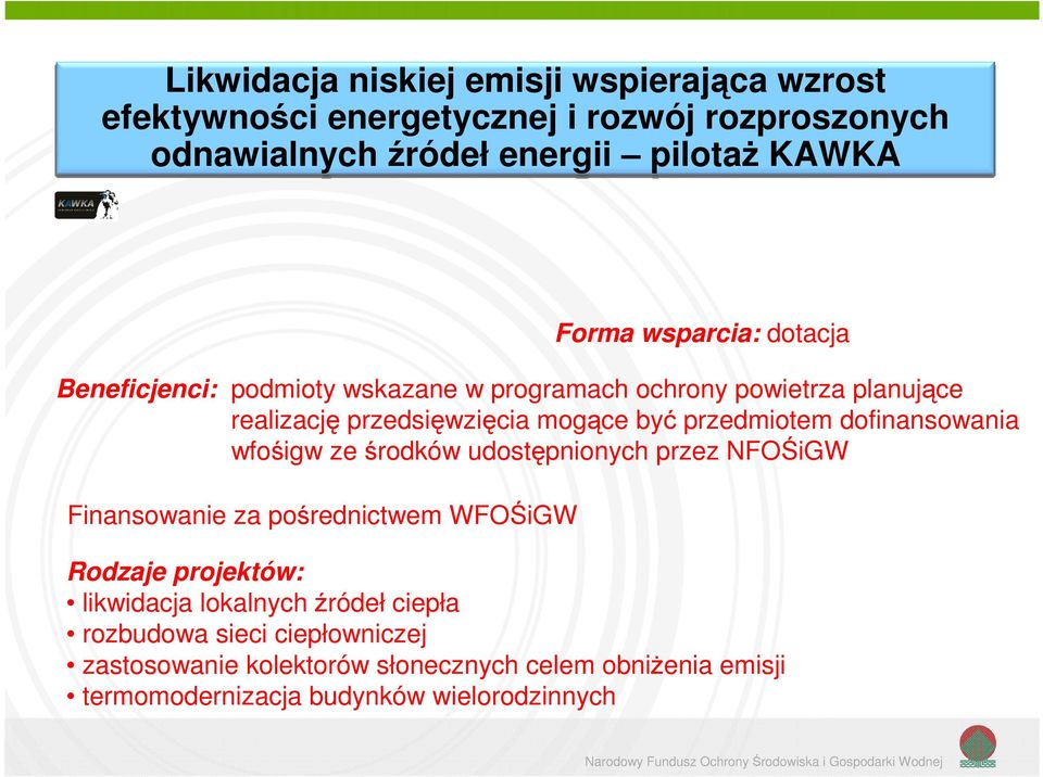 dofinansowania wfośigw ze środków udostępnionych przez NFOŚiGW Finansowanie za pośrednictwem WFOŚiGW Rodzaje projektów: likwidacja lokalnych