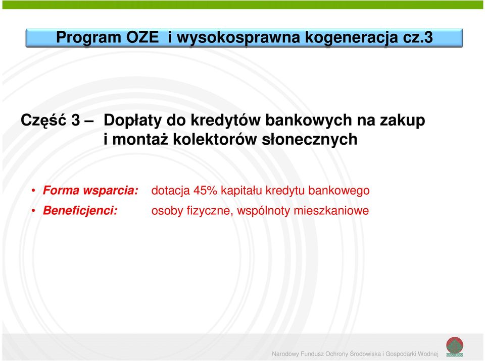 kolektorów słonecznych Forma wsparcia: Beneficjenci: