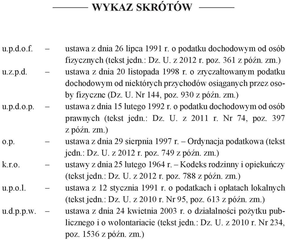 o podatku dochodowym od osób prawnych (tekst jedn.: Dz. U. z 2011 r. Nr 74, poz. 397 z późn. zm.) o.p. ustawa z dnia 29 sierpnia 1997 r. Ordynacja podatkowa (tekst jedn.: Dz. U. z 2012 r. poz. 749 z późn.