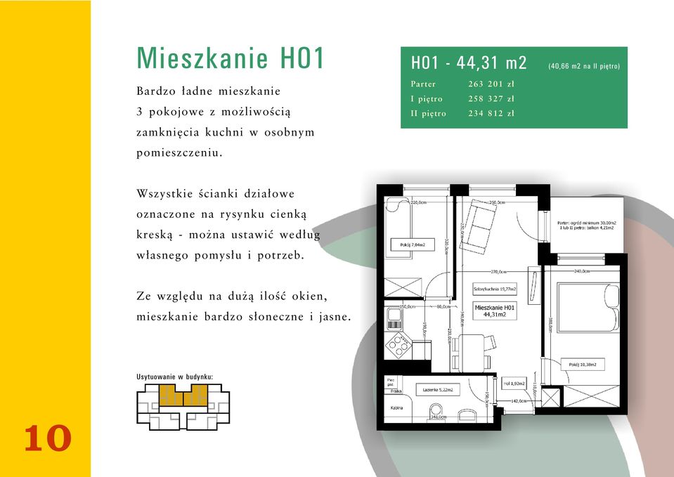 H01-44,31 m2 Parter 263 201 zł I piętro 258 327 zł II piętro 234 812 zł (40,66 m2 na II piêtro)