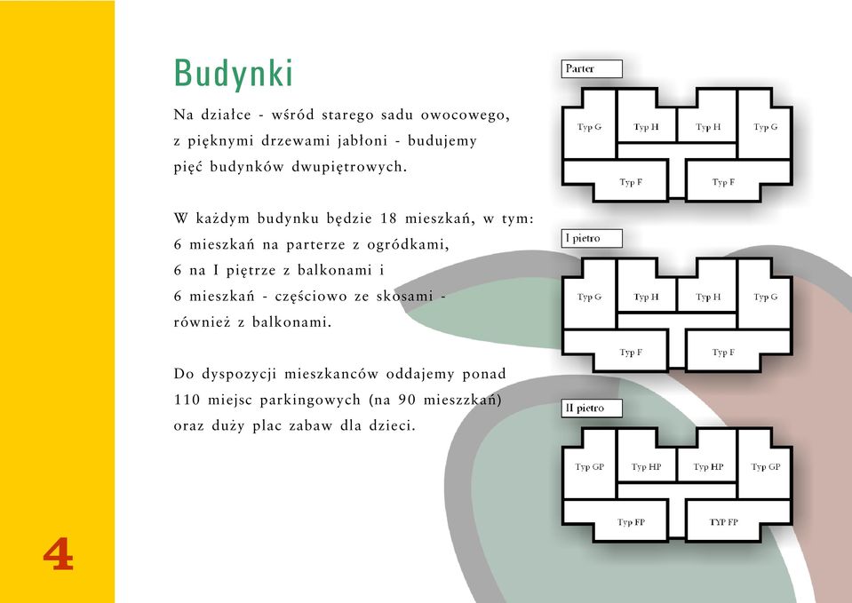 W każdym budynku będzie 18 mieszkań, w tym: 6 mieszkań na parterze z ogródkami, 6 na I piętrze z