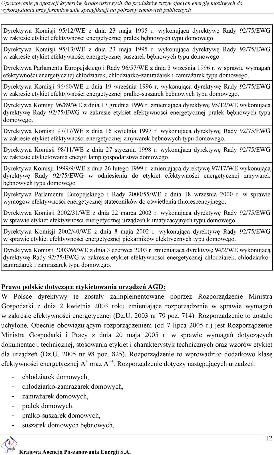 wykonująca dyrektywę Rady 92/75/EWG w zakresie etykiet efektywności energetycznej suszarek bębnowych typu domowego Dyrektywa Parlamentu Europejskiego i Rady 96/57/WE z dnia 3 września 1996 r.