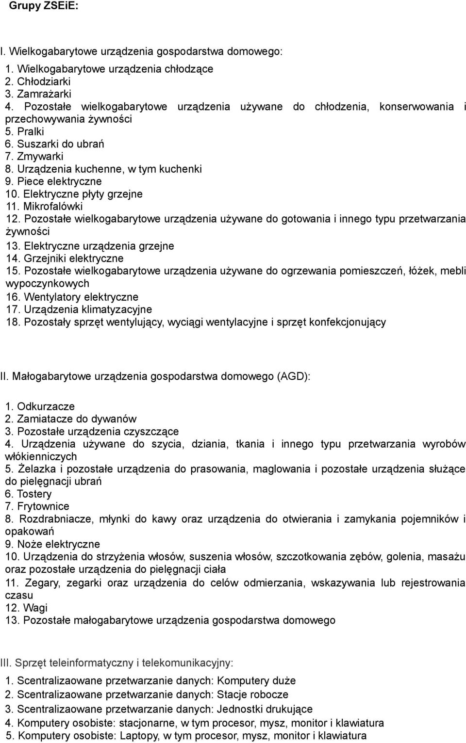 Piece elektryczne 10. Elektryczne płyty grzejne 11. Mikrofalówki 12. Pozostałe wielkogabarytowe urządzenia używane do gotowania i innego typu przetwarzania żywności 13.