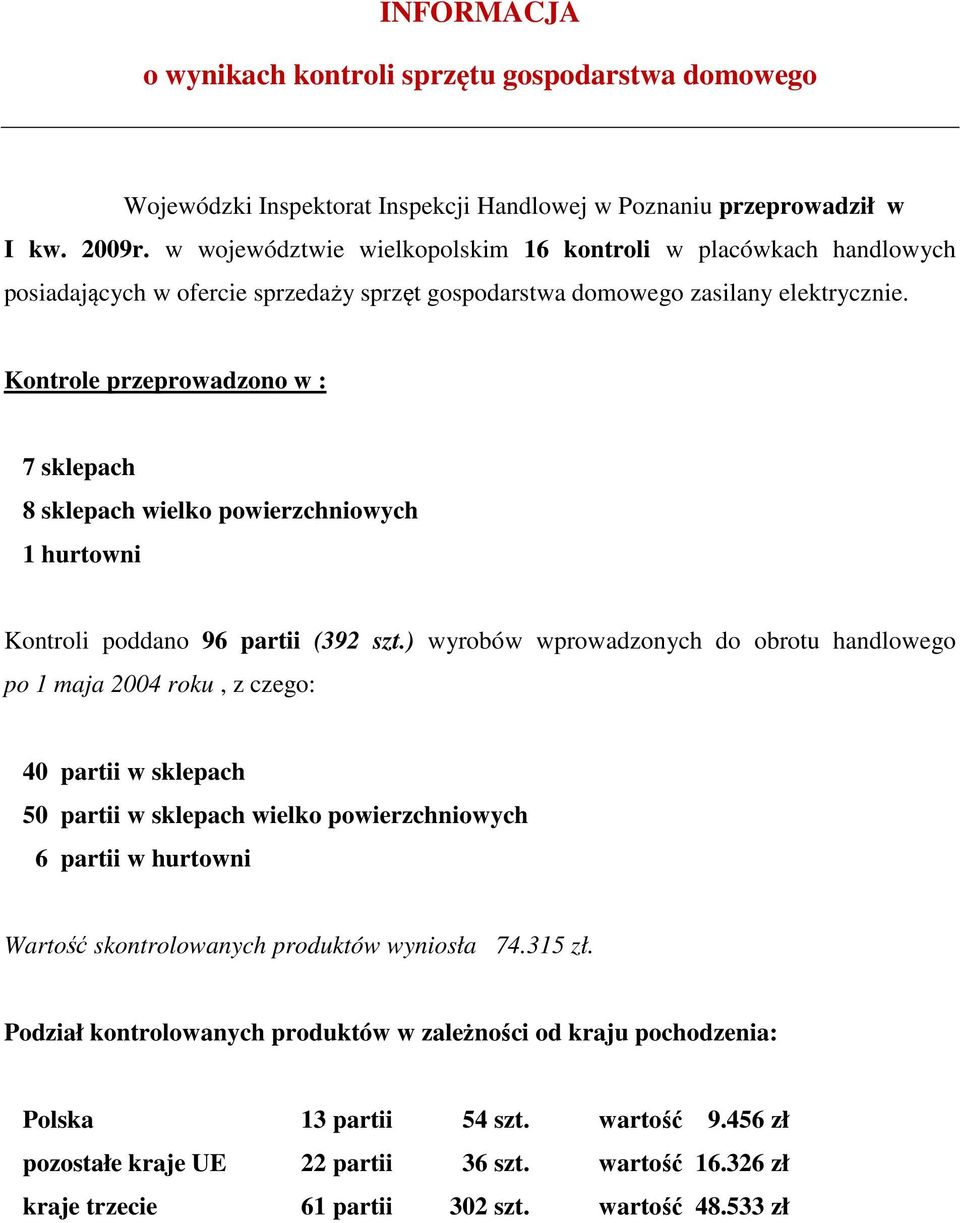 Kontrole przeprowadzono w : 7 sklepach 8 sklepach wielko powierzchniowych 1 hurtowni Kontroli poddano 96 partii (392 szt.