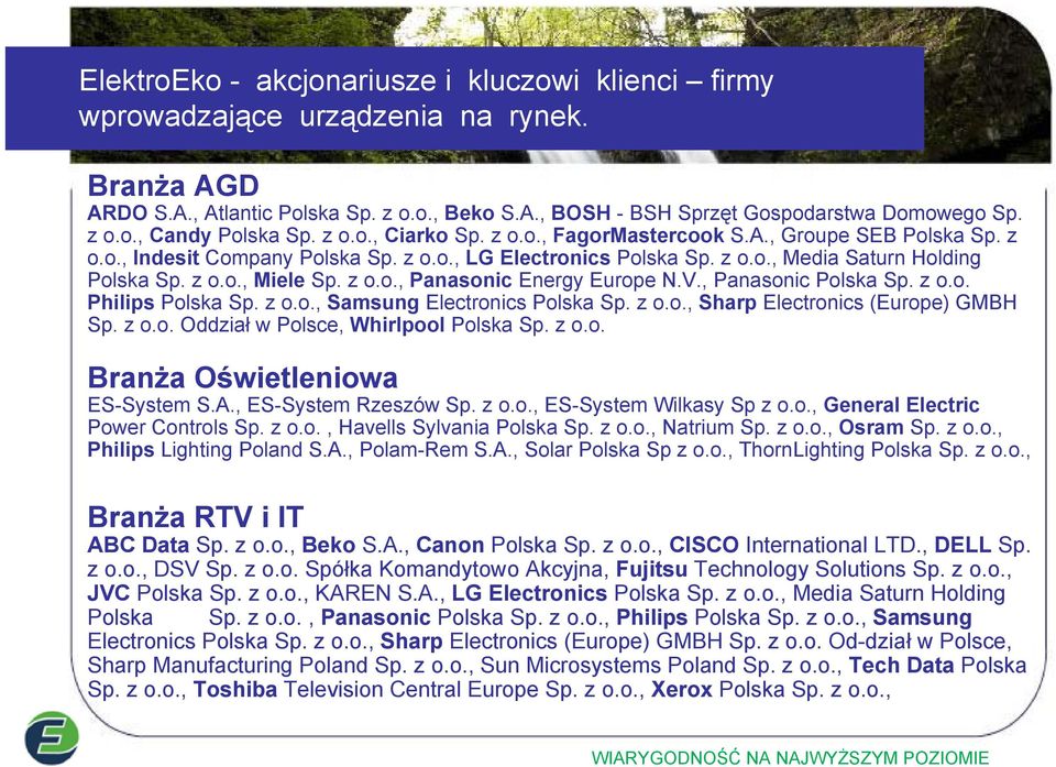 z o.o., Panasonic Energy Europe N.V., Panasonic Polska Sp. z o.o. Philips Polska Sp. z o.o., Samsung Electronics Polska Sp. z o.o., Sharp Electronics (Europe) GMBH Sp. z o.o. Oddział w Polsce, Whirlpool Polska Sp.