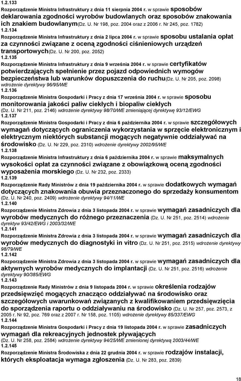 w sprawie sposobu ustalania opłat za czynności związane z oceną zgodności ciśnieniowych urządzeń transportowych(dz. U. Nr 200, poz. 2052) 1.2.135 Rozporządzenie Ministra Infrastruktury z dnia 9 września 2004 r.