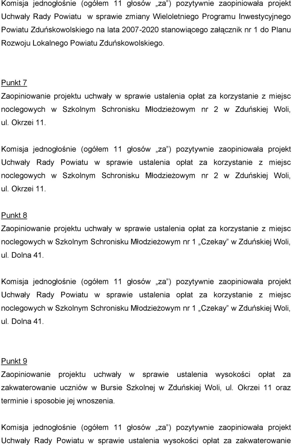 Punkt 7 Zaopiniowanie projektu uchwały w sprawie ustalenia opłat za korzystanie z miejsc noclegowych w Szkolnym Schronisku Młodzieżowym nr 2 w Zduńskiej Woli, ul. Okrzei 11.