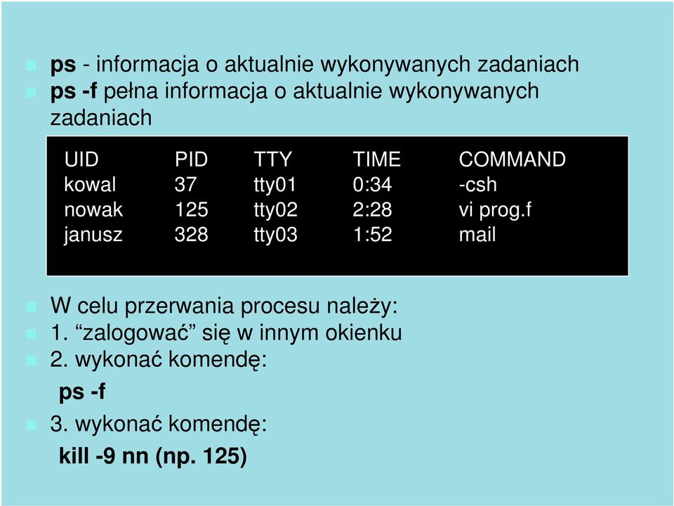 tty02 2:28 vi prog.f janusz 328 tty03 1:52 mail W celu przerwania procesu należy: 1.