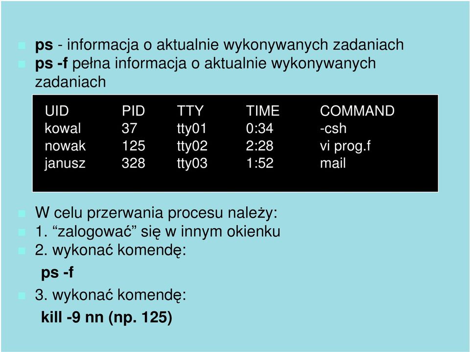 tty02 2:28 vi prog.f janusz 328 tty03 1:52 mail W celu przerwania procesu należy: 1.