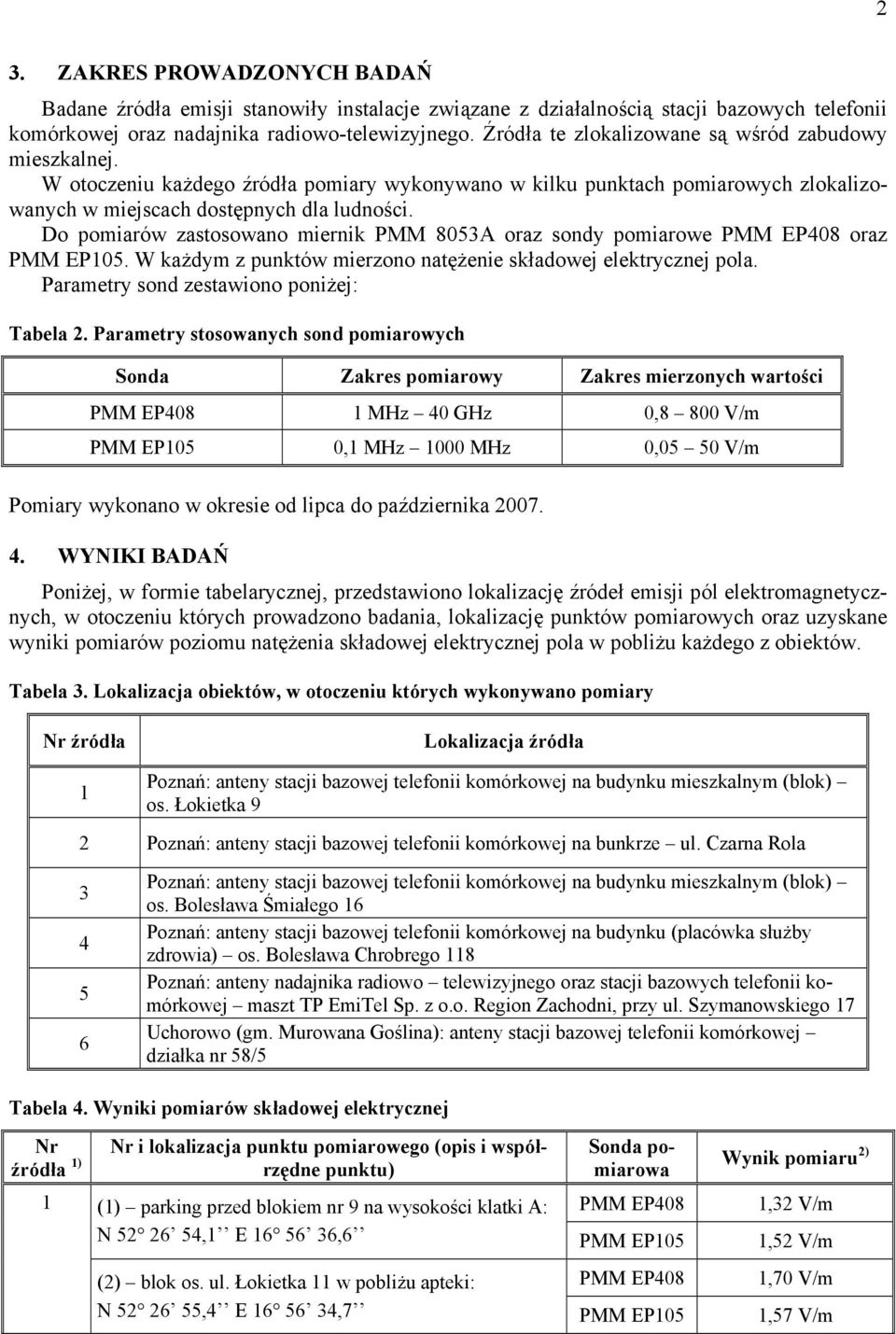 Do pomiarów zastosowano miernik PMM 80A oraz sondy pomiarowe PMM EP08 oraz PMM EP0. W każdym z punktów mierzono natężenie składowej elektrycznej pola. Parametry sond zestawiono poniżej: Tabela 2.