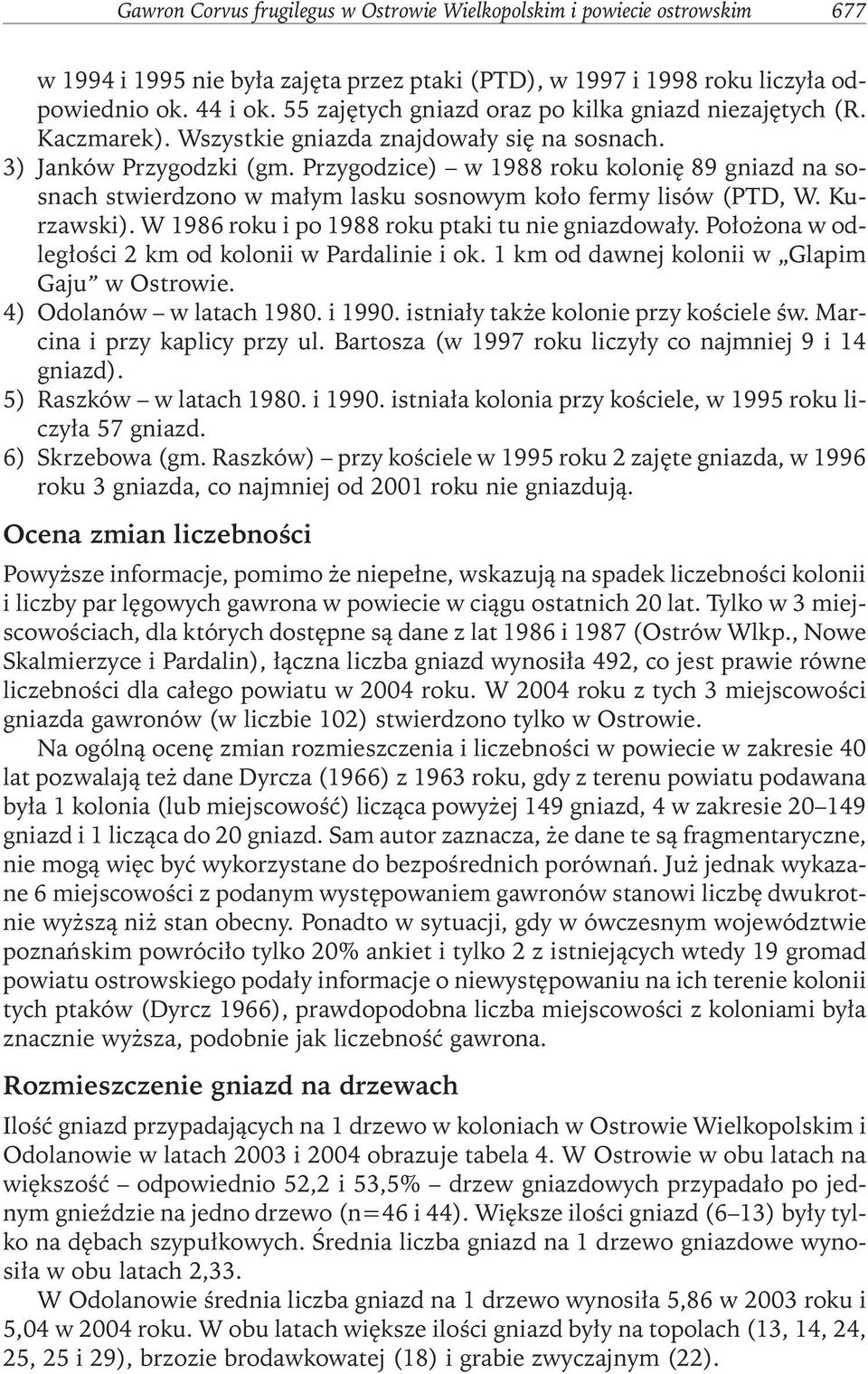 Przygodzice) w 1988 roku kolonię 89 gniazd na sosnach stwierdzono w małym lasku sosnowym koło fermy lisów (PTD, W. Kurzawski). W 1986 roku i po 1988 roku ptaki tu nie gniazdowały.