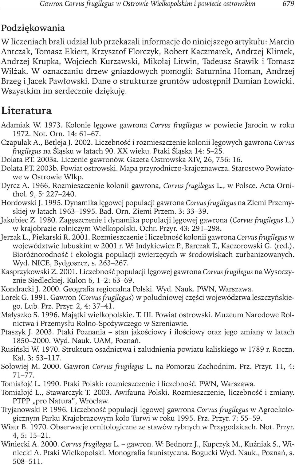 W oznaczaniu drzew gniazdowych pomogli: Saturnina Homan, Andrzej Brzeg i Jacek Pawłowski. Dane o strukturze gruntów udostępnił Damian Łowicki. Wszystkim im serdecznie dziękuję. Literatura Adamiak W.