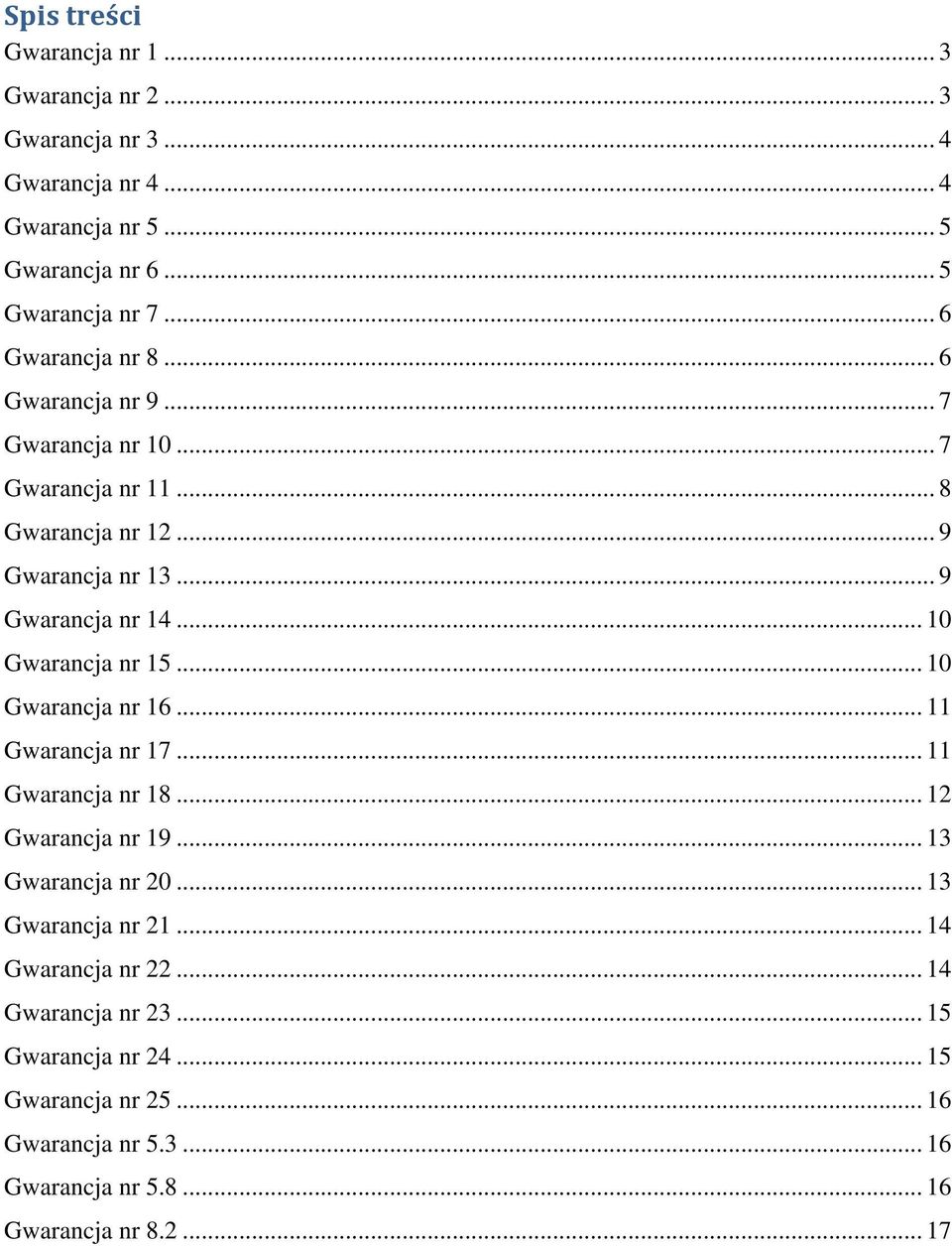 .. 10 Gwarancja nr 16... 11 Gwarancja nr 1... 11 Gwarancja nr 18... 12 Gwarancja nr 19... 13 Gwarancja nr 20... 13 Gwarancja nr 21.