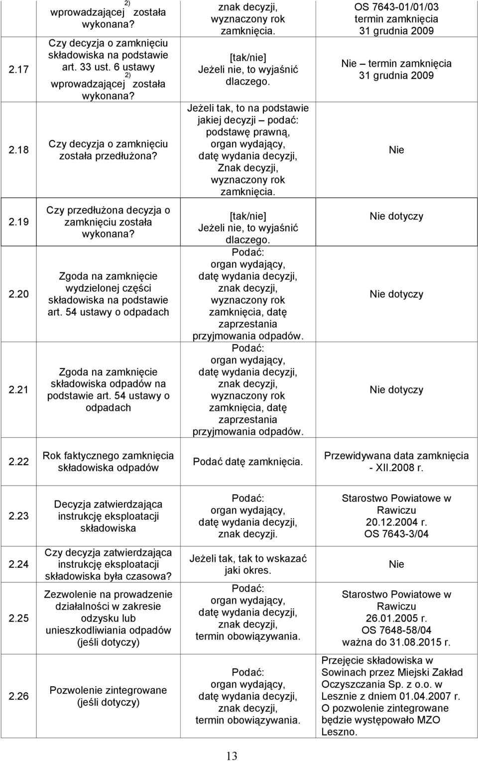 OS 764301/01/03 termin zamknięcia 31 grudnia 2009 termin zamknięcia 31 grudnia 2009 2.19 2.20 2.21 Czy przedłużona decyzja o zamknięciu została wykonana?