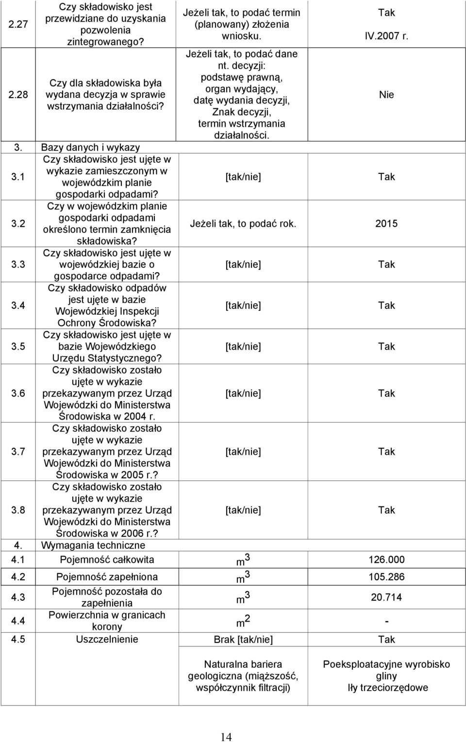 Bazy danych i wykazy 3.1 Czy składowisko jest ujęte w wykazie zamieszczonym w wojewódzkim planie Tak gospodarki odpadami? 3.2 Czy w wojewódzkim planie gospodarki odpadami określono termin zamknięcia Jeżeli tak, to podać rok.