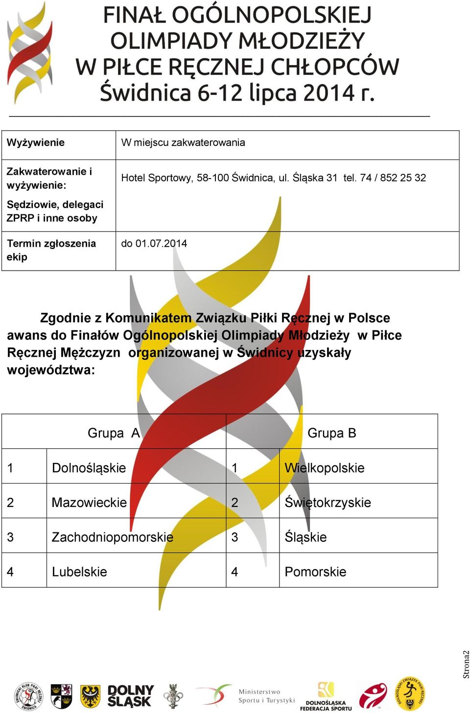 2014 Zgodnie z Komunikatem Związku Piłki Ręcznej w Polsce awans do Finałów Ogólnopolskiej Olimpiady Młodzieży w Piłce Ręcznej