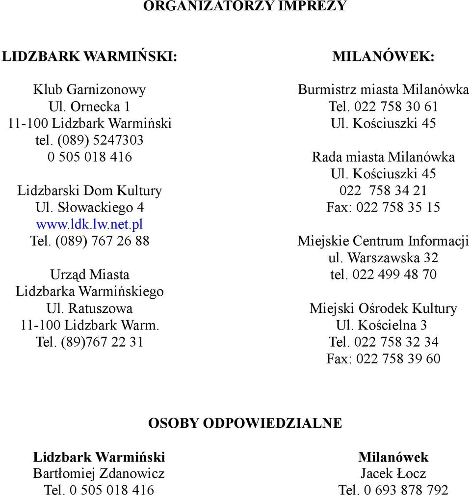 Kościuszki 45 Rada miasta Milanówka Ul. Kościuszki 45 022 758 34 21 Fax: 022 758 35 15 Miejskie Centrum Informacji ul. Warszawska 32 tel.