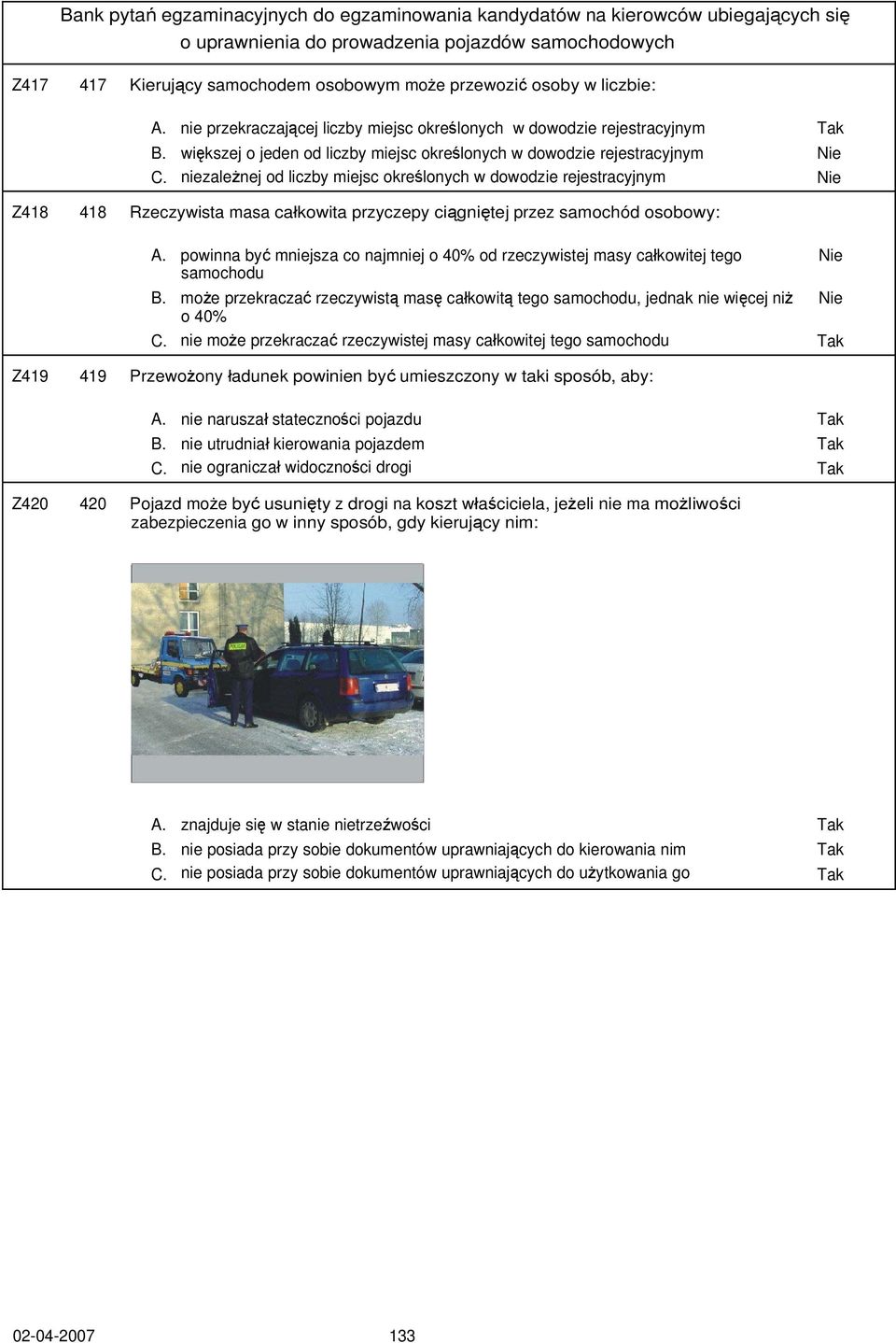 niezależnej od liczby miejsc określonych w dowodzie rejestracyjnym Nie Z418 418 Rzeczywista masa całkowita przyczepy ciągniętej przez samochód osobowy: A.