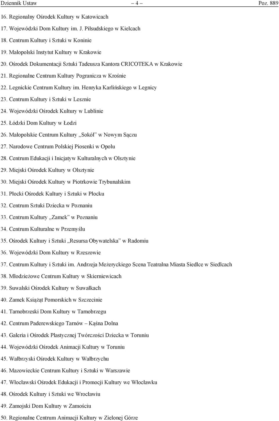 Henryka Karlińskiego w Legnicy 23. Centrum Kultury i Sztuki w Lesznie 24. Wojewódzki Ośrodek Kultury w Lublinie 25. Łódzki Dom Kultury w Łodzi 26. Małopolskie Centrum Kultury Sokół w Nowym Sączu 27.