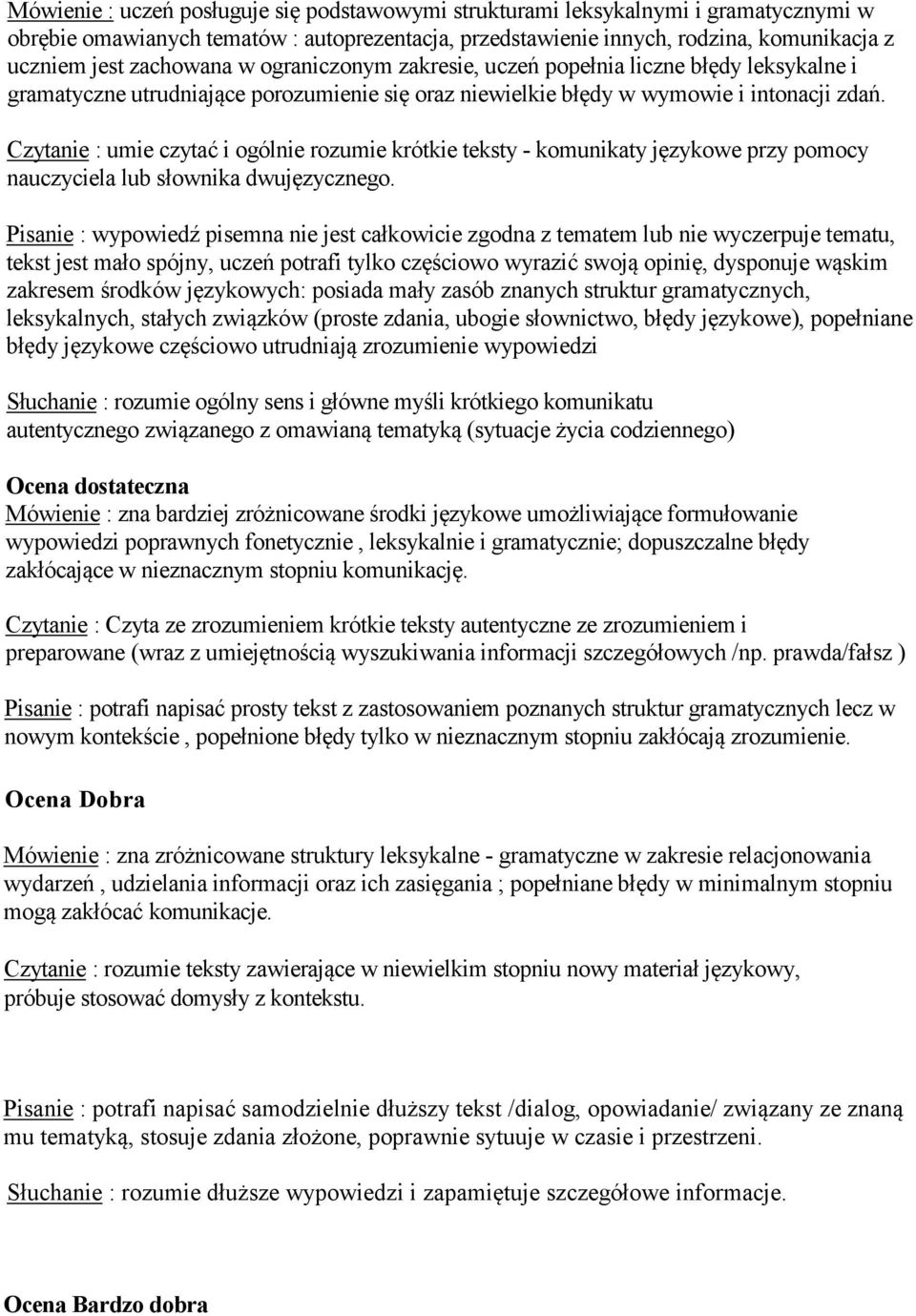 Czytanie : umie czytać i ogólnie rozumie krótkie teksty - komunikaty językowe przy pomocy nauczyciela lub słownika dwujęzycznego.