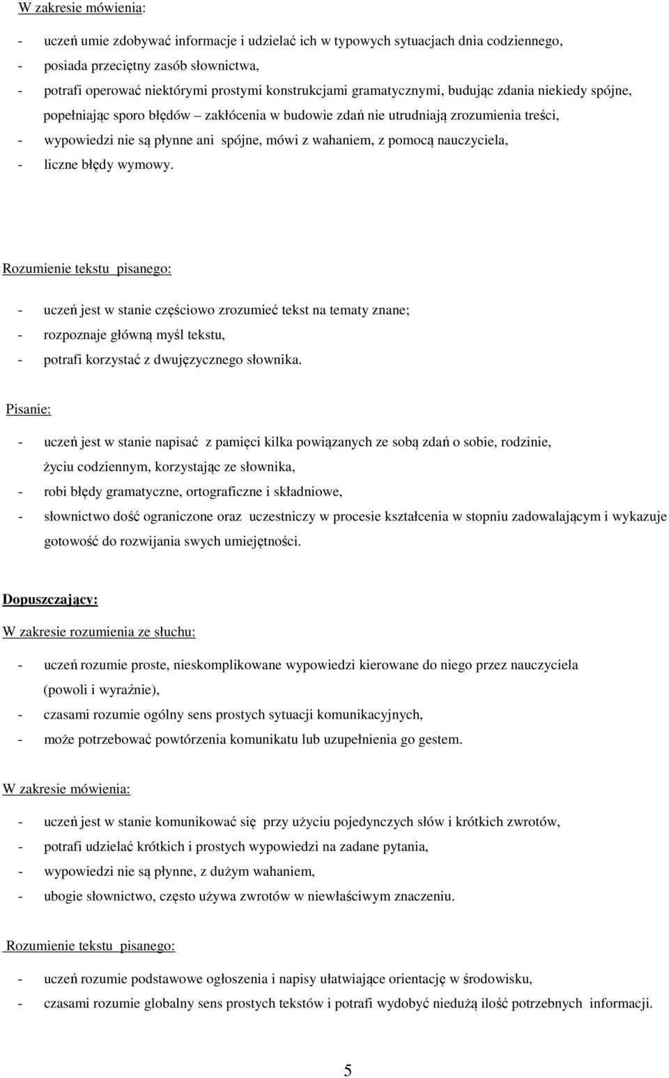 wahaniem, z pomocą nauczyciela, - liczne błędy wymowy. - uczeń jest w stanie częściowo zrozumieć tekst na tematy znane; - rozpoznaje główną myśl tekstu, - potrafi korzystać z dwujęzycznego słownika.