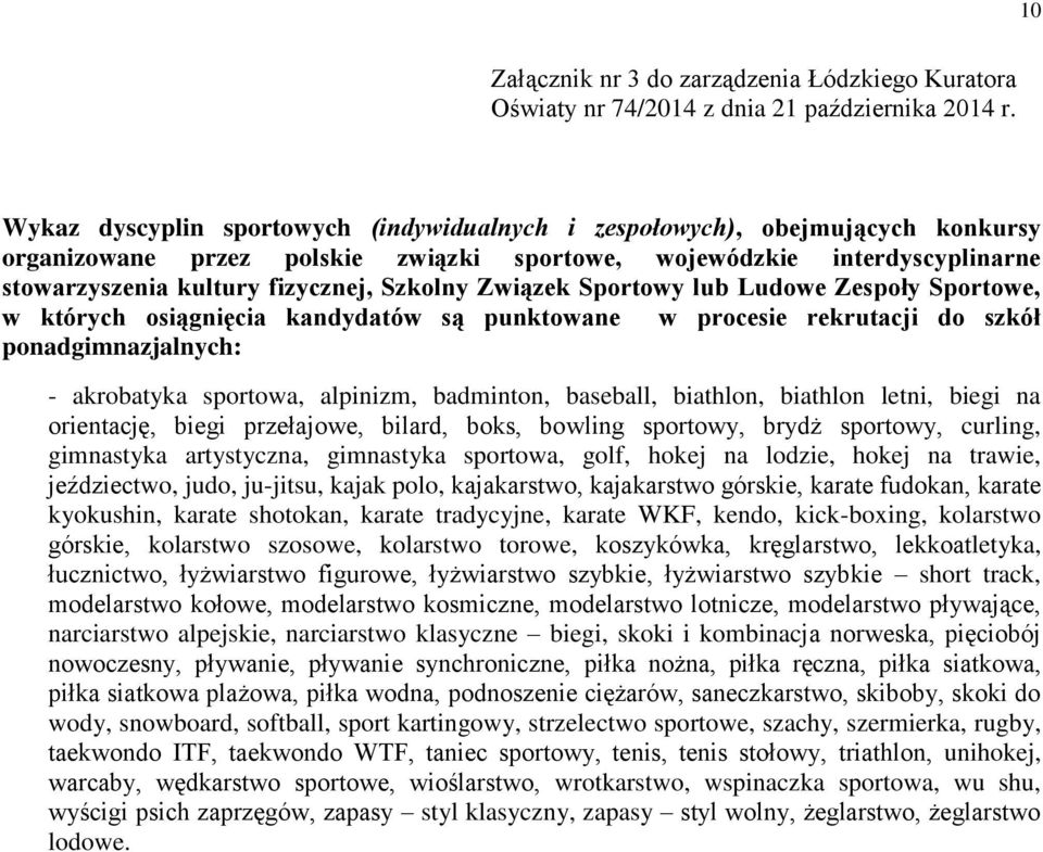 Związek Sportowy lub Ludowe Zespoły Sportowe, w których osiągnięcia kandydatów są punktowane w procesie rekrutacji do szkół ponadgimnazjalnych: - akrobatyka sportowa, alpinizm, badminton, baseball,