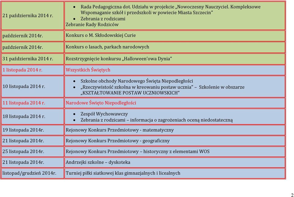 Skłodowskiej Curie Konkurs o lasach, parkach narodowych 31 października 2014 r. Rozstrzygnięcie konkursu Halloween owa Dynia 1 listopada 2014 r. Wszystkich Świętych 10 listopada 2014 r.