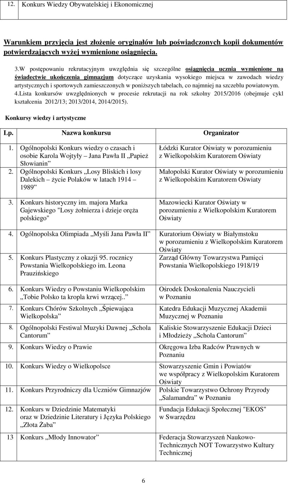 sportowych zamieszczonych w poniższych tabelach, co najmniej na szczeblu powiatowym. 4.