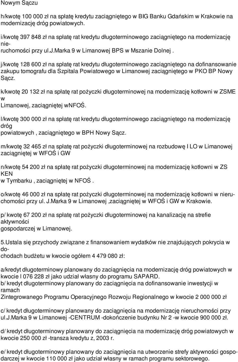 j/kwotę 128 600 zł na spłatę rat kredytu długoterminowego zaciągniętego na dofinansowanie zakupu tomografu dla Szpitala Powiatowego w Limanowej zaciągniętego w PKO BP Nowy Sącz.