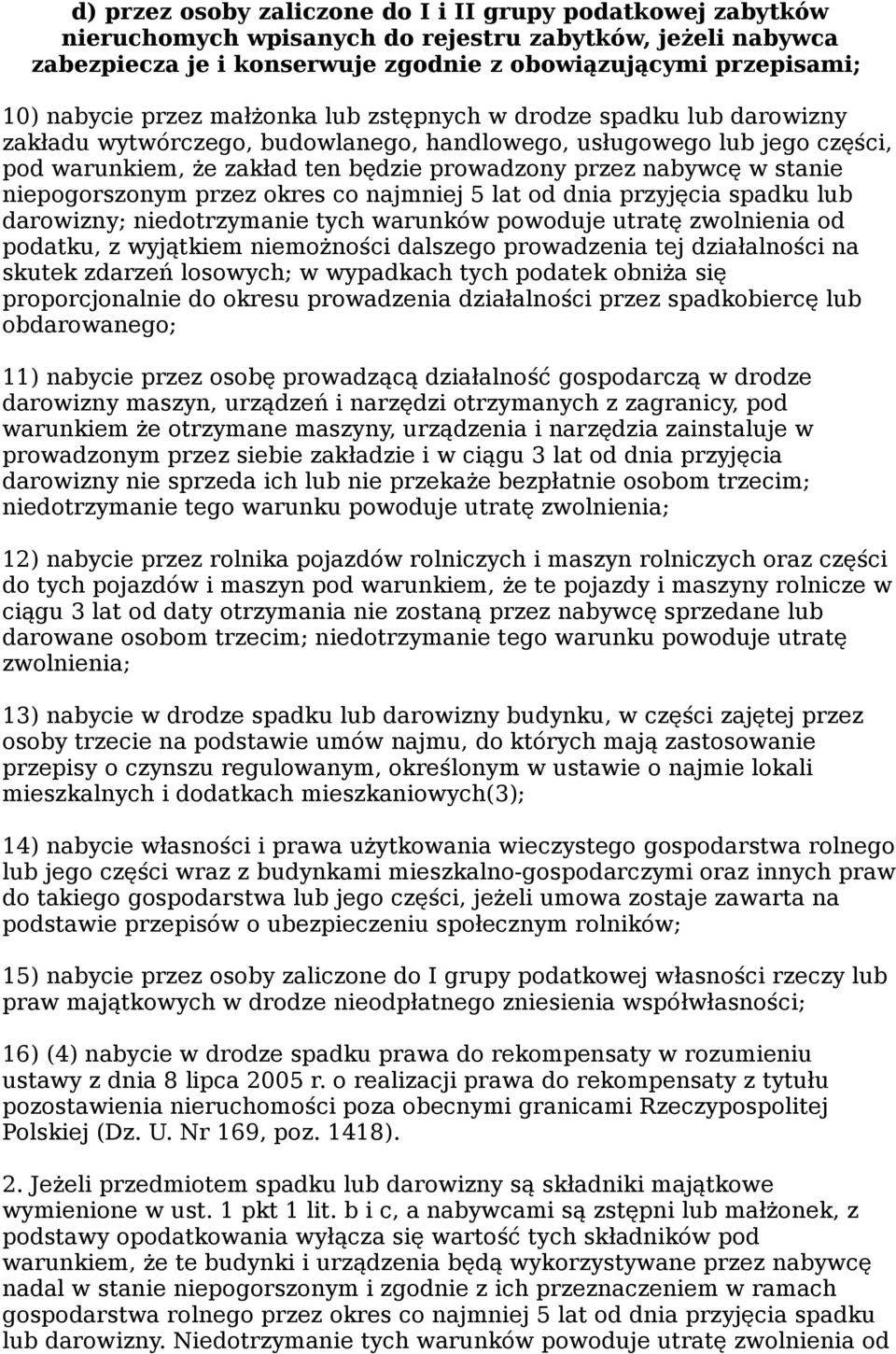 stanie niepogorszonym przez okres co najmniej 5 lat od dnia przyjęcia spadku lub darowizny; niedotrzymanie tych warunków powoduje utratę zwolnienia od podatku, z wyjątkiem niemożności dalszego