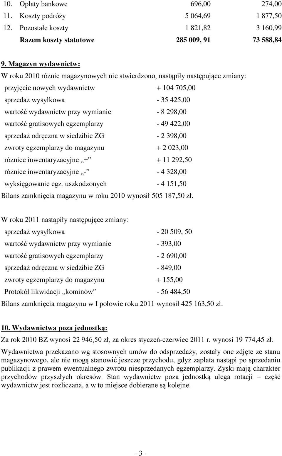wymianie - 8 298,00 wartość gratisowych egzemplarzy - 49 422,00 sprzedaż odręczna w siedzibie ZG - 2 398,00 zwroty egzemplarzy do magazynu + 2 023,00 różnice inwentaryzacyjne + + 11 292,50 różnice
